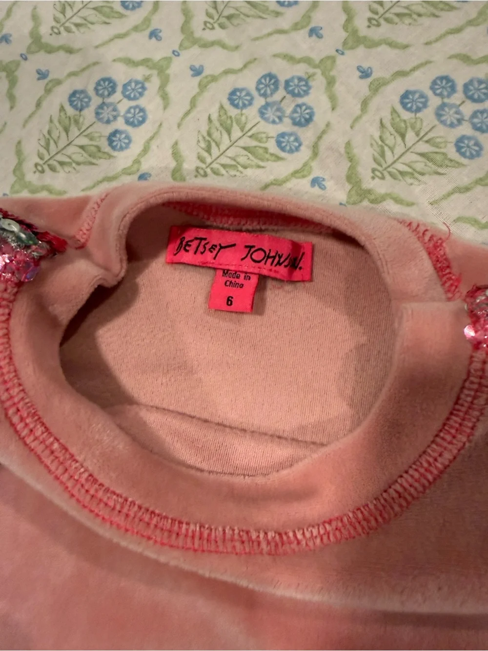 Betsey Johnson Pink Velvet Girls sweat suit Set with Sequin Trim